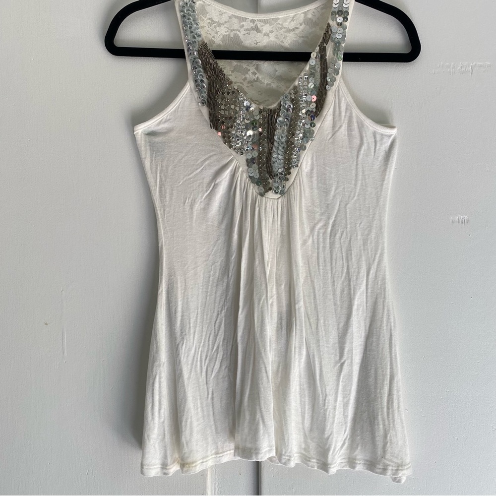 LA Teez, Y2K White Sequin Lace Trim Sleeveless Racer Back Tank Top Flowy